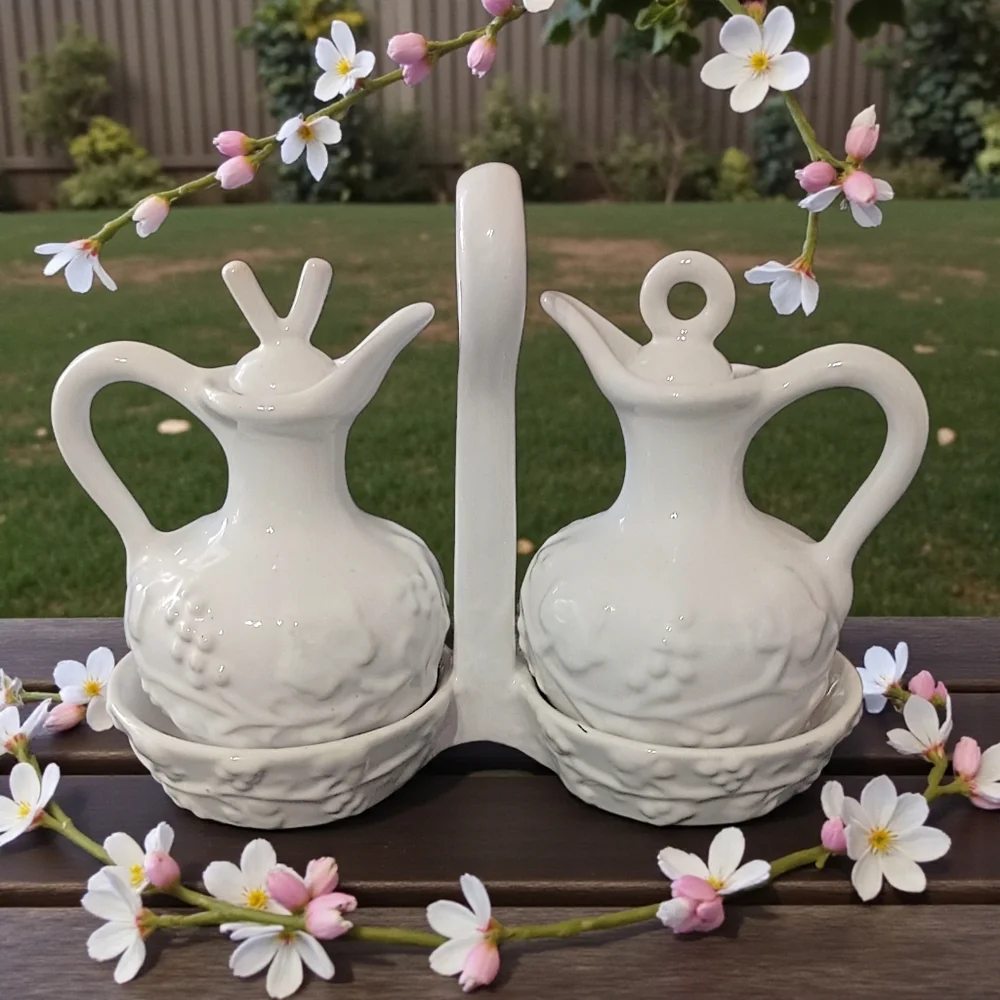 PV Italy Pottery Cruet Set White Oil Vinegar‎ Carrier Embossed Peasant Village
